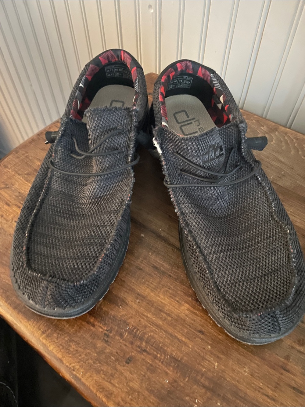 Hey Dude Men's Black Knit Slip-On Loafers with Red Accent Lining